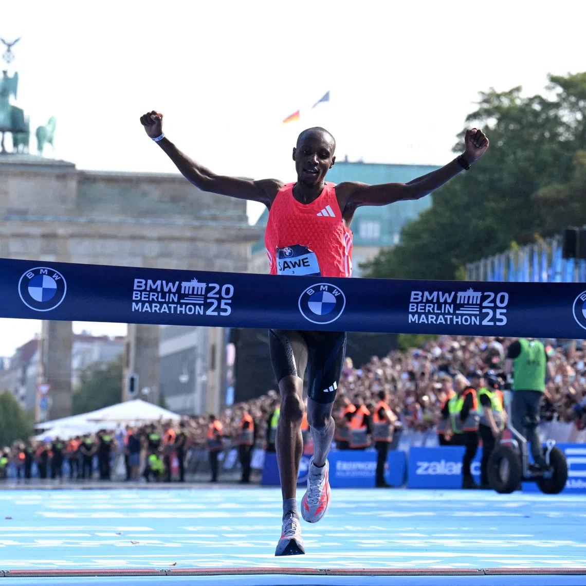 Kenya’s Sabastian Sawe crossing the line to win the Berlin Marathon in Germany on Sept 21, 2025. He holds the world record of 1hr 59min 30sec set in London in April 2026.