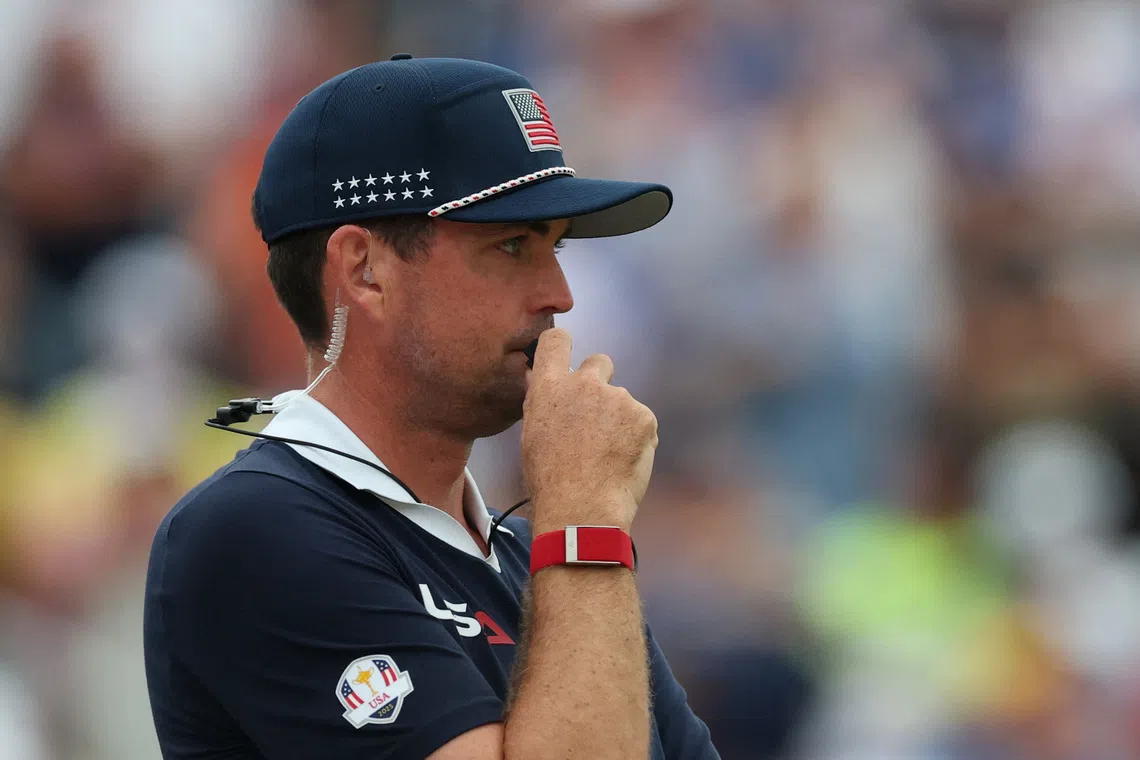 Golf - The 2025 Ryder Cup - Bethpage Black Golf Course, Farmingdale, New York, United States - September 27, 2025 Team USA captain Keegan Bradley looks dejected during the four-balls REUTERS/Paul Childs