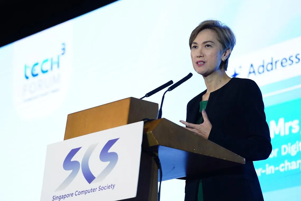 Digital Development and Information Minister Josephine Teo speaking at the Singapore Computer Society's annual Tech3 Forum on Aug 22.