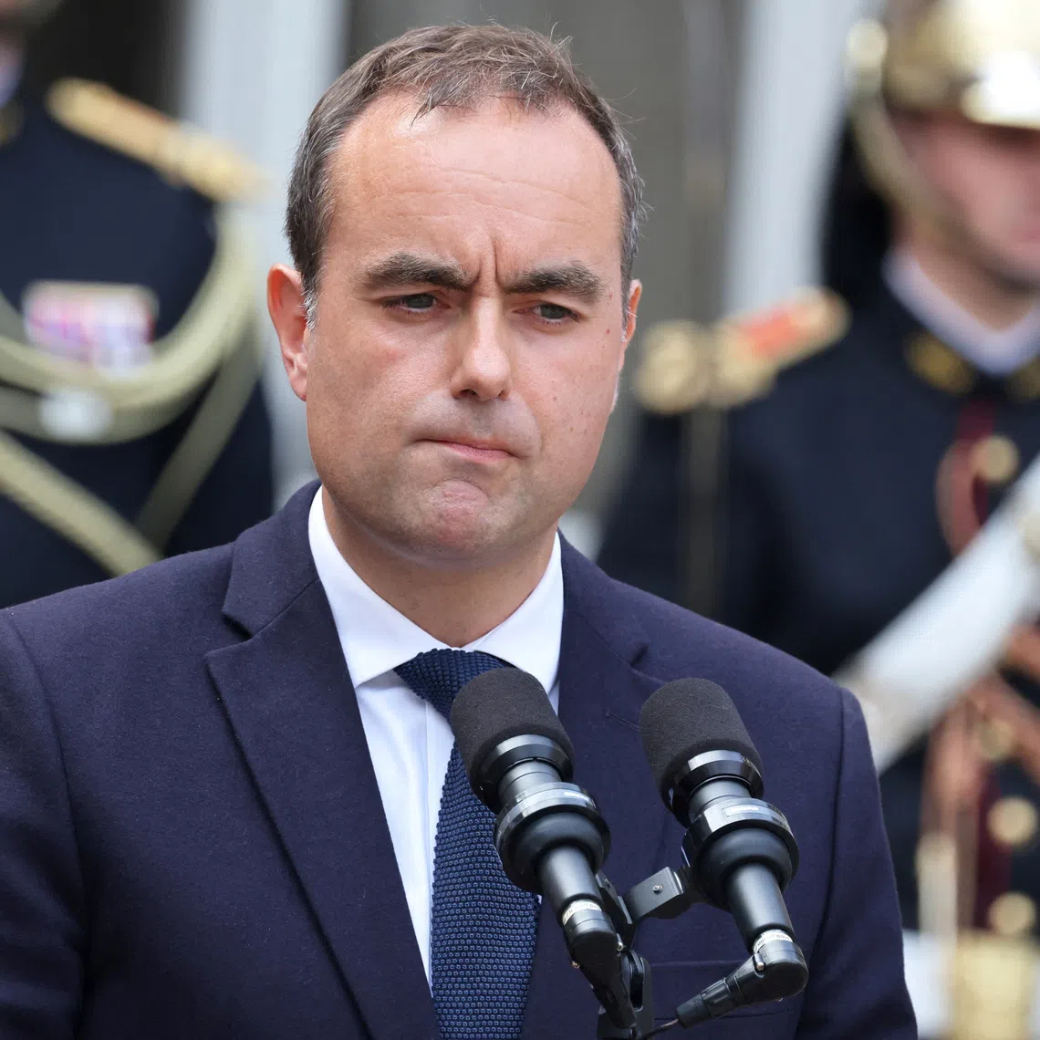 FILE PHOTO: France's newly-appointed Prime Minister Sebastien Lecornu reacts as he speaks at the end of the handover ceremony at the Hotel Matignon in Paris on September 10, 2025. LUDOVIC MARIN/Pool via REUTERS/File Photo