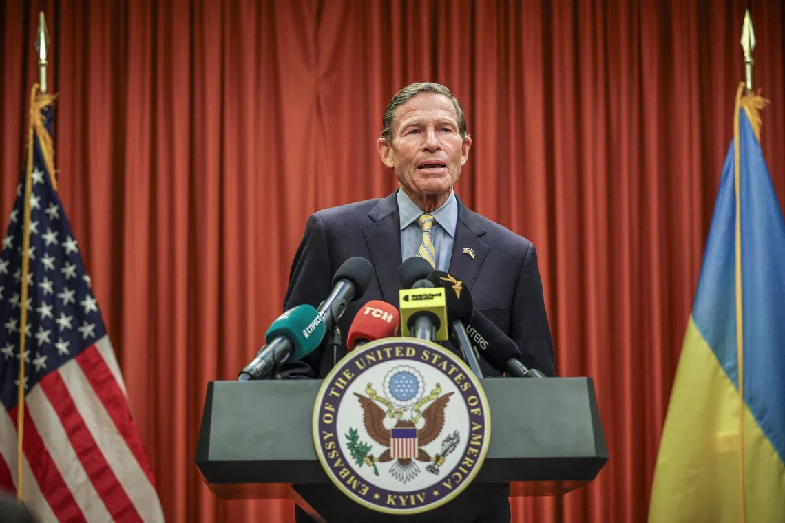 U.S. Senator Richard Blumenthal (D-CT) speaks during a press conference, amid Russia's attack on Ukraine, in Kyiv, Ukraine August 26, 2026. REUTERS/Alina Smutko