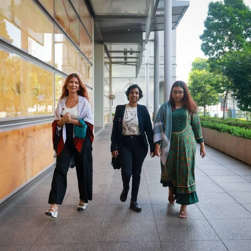 (From left) Ms Siti Amirah Mohamed Asrori, Ms Annamalai Kokila Parvathi and Ms Mossammad Sobikun Nahar arriving at Supreme Court on April 30
