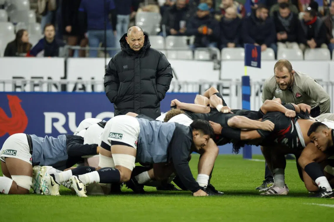 Japan rugby head coach Eddie Jones looking on during the warmup before the autumn internationals against France at Stade de France in  Saint-Denis on Nov 9, 2024.
