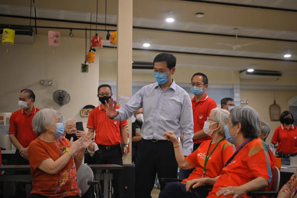 Minister for Health Ong Ye Kung greets seniors at the opening of the Sheng Hong Active Ageing Hub @ Sennett on November 9, 2022.