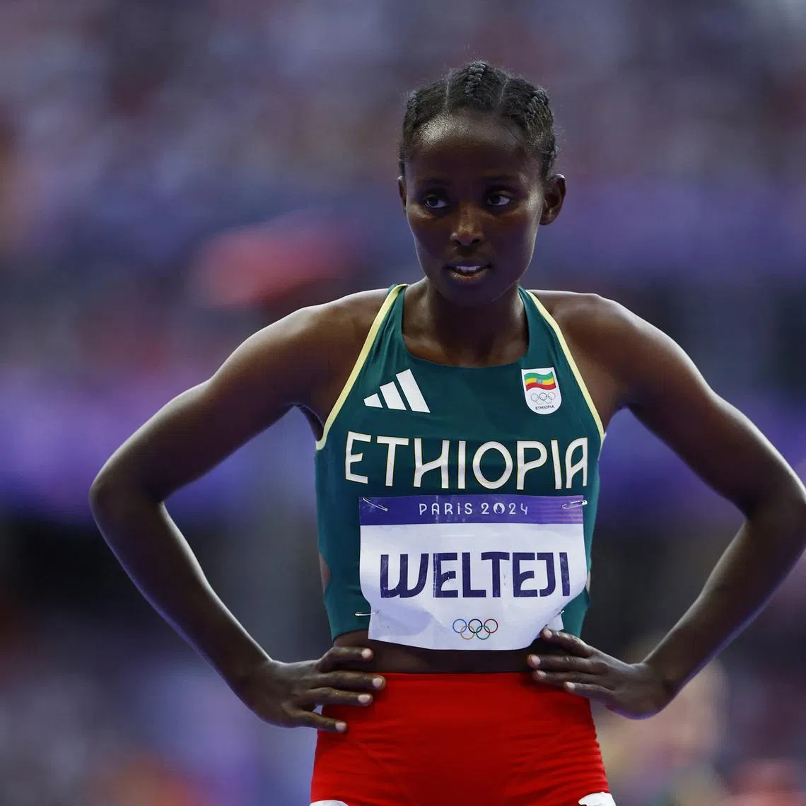FILE PHOTO: Paris 2024 Olympics - Athletics - Women's 1500m Semi-Final 2 - Stade de France, Saint-Denis, France - August 08, 2024. Diribe Welteji of Ethiopia reacts after winning her semi final. REUTERS/Sarah Meyssonnier/ File Photo