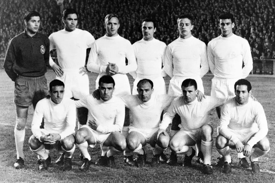 The Real Madrid team is pictured before a match in 1962. Standing (from left): Vicente Train; Marcos Alonso Imaz or "Marquitos"; Jose Emilio Santamaria; Pedro Casado Bucho; Jose Maria Vidal; Enrique Perez Diaz or "Pachin"; and squatting (from left): Darcy Silveira dos Santos or "Canario"; Luis del Sol; Alfredo di Stefano; Ferenc Puskas; and Francisco Gento. Santamaria, Spain's 1982 World Cup coach, has died at the age of 96, Real said on April 15, 2026.