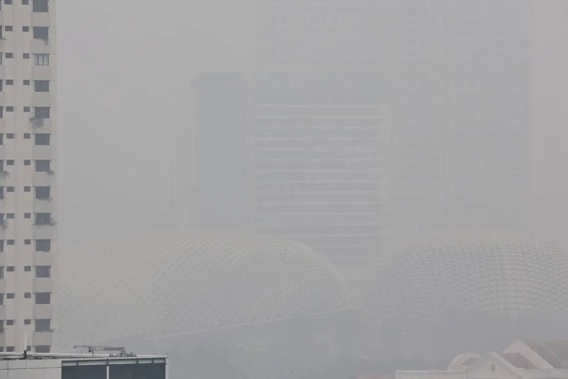 Hazy conditions seen from Chinatown at about 1.05pm on Oct 14.