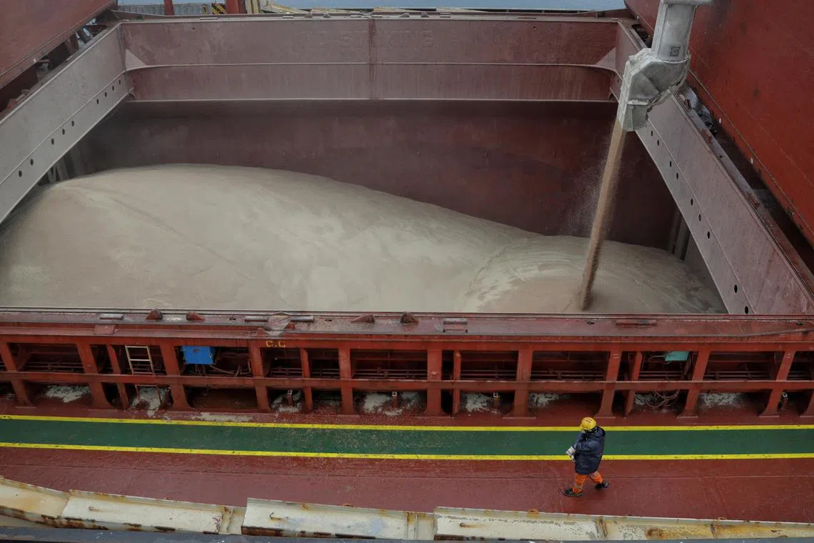 Wheat bound for for Kenya and Ethiopia is loaded at a port in Ukraine, on Feb 18, 2023. 