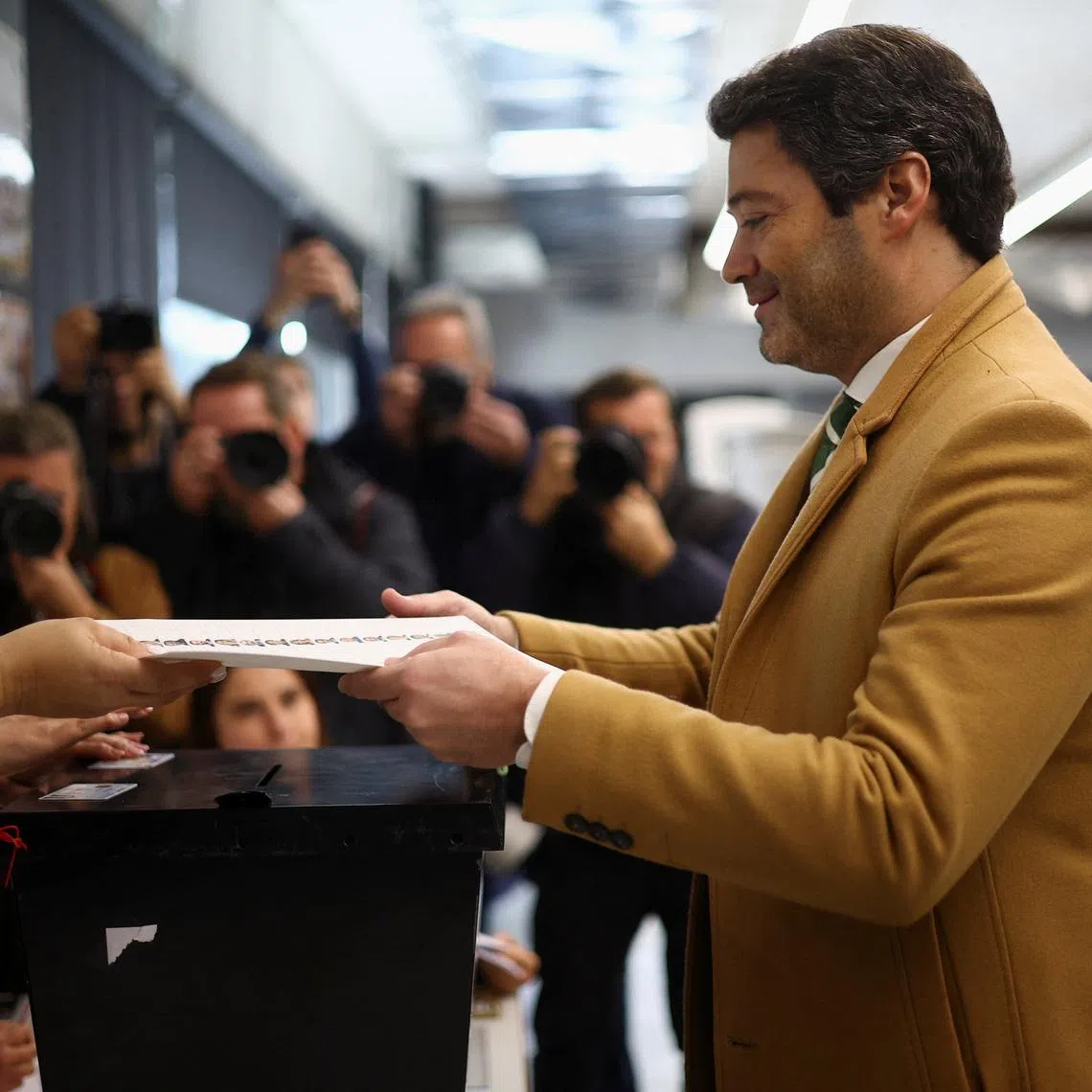 FILE PHOTO: Portuguese presidential candidate and leader of Chega party Andre Ventura votes during the presidential election, in Lisbon, Portugal, January 18, 2026. REUTERS/Pedro Nunes/File Photo
