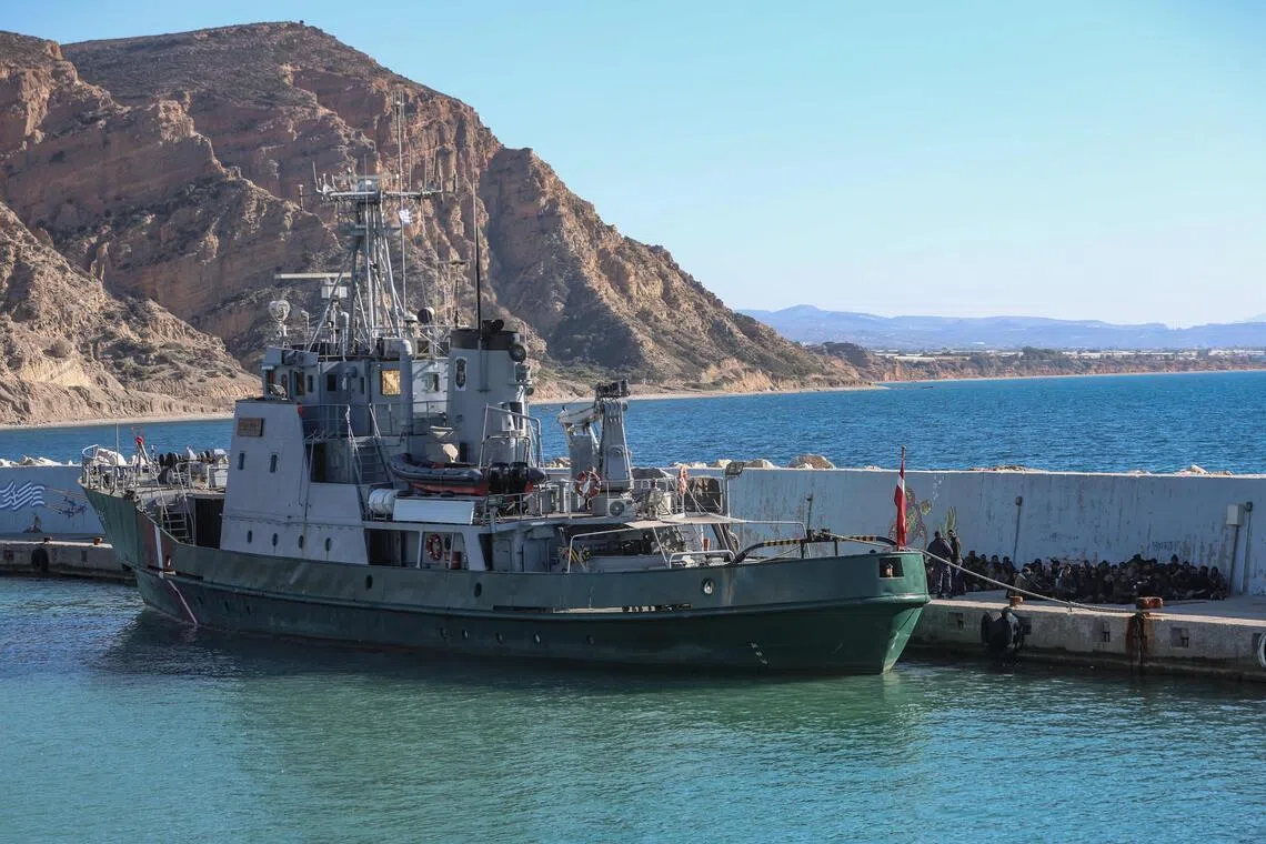 Migrants at the port of Agia Galini in Crete, Greece, on Dec 19, 2025. According to the UN refugee agency, 107 people died or went missing in 2025 off the Greek coast.