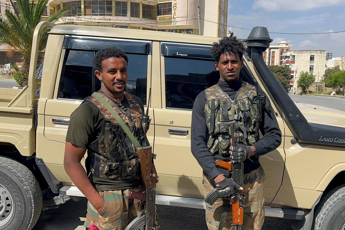 Members of the Ethiopian pro-government Tigray Peace Force (TPF) patrol after the Tigray People's Liberation Front (TPLF) army retreated from the regional capital Mekelle, Tigray Region, Ethiopia, October 6, 2026. Picture taken with a mobile phone. Obtained by REUTERS