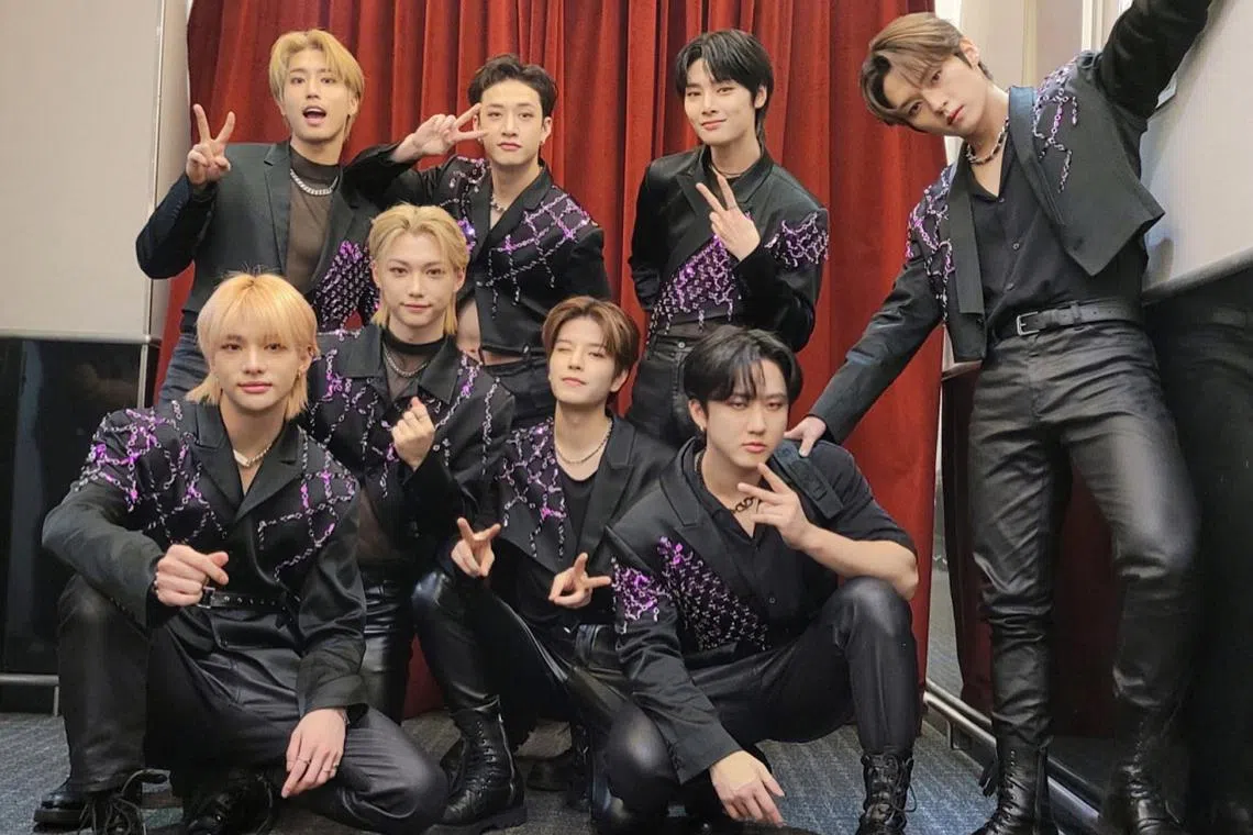 South Korean boy band Stray Kids, comprising (clockwise, from top left) Han, Bang Chan, I.N, Lee Know, Changbin, Seungmin, Felix and Hyunjin.