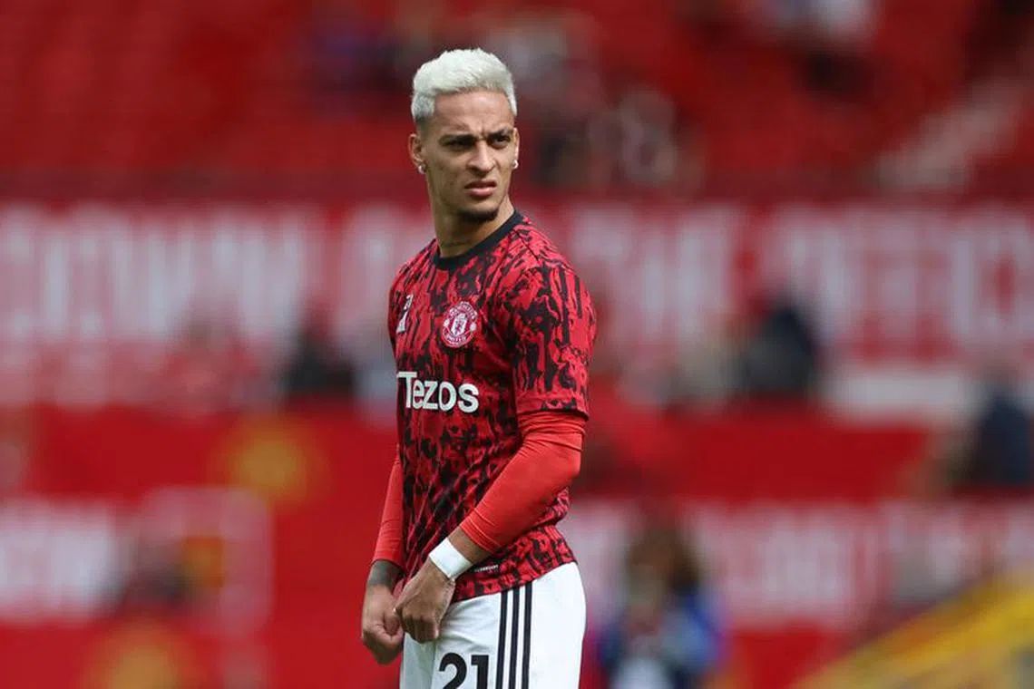 FILE PHOTO: Soccer Football - Premier League - Manchester United v Nottingham Forest - Old Trafford, Manchester, Britain - August 26, 2023 Manchester United's Antony during the warm up before the match REUTERS/Phil Noble/File Photo