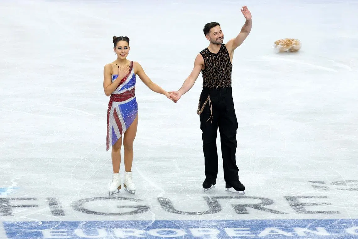 Britain's Lilah Fear and Lewis Gibson after performing the ice dance rhythm dance at the European Championships on Jan 16.