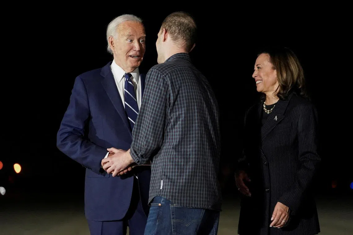 US President Joe Biden and Vice-President Kamala Harris greeting Wall Street Journal reporter Evan Gershkovich upon his arrival in the US on Aug 1, after being released by Russia.