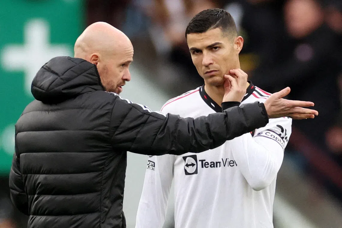 Then Manchester United manager Erik ten Hag with Cristiano Ronaldo during a Premier League match in November 2022. The player left the club later that month.