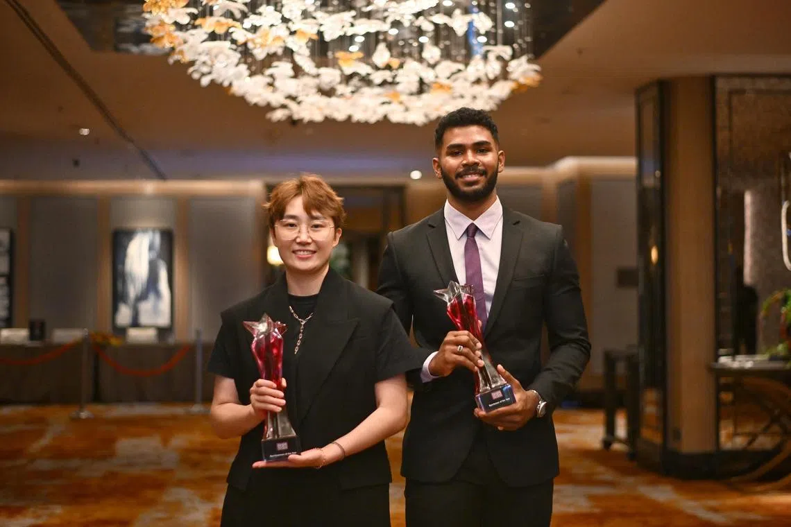 Sportswoman of the Year, Feng Tianwei and Sportsman of the Year, Sheik Farhan Sheik Alauddin, at The Singapore Sports Awards 2023, at Orchard Hotel on Aug 23, 2023.