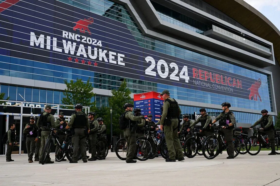 Thousands of armed law enforcement agents roam streets around Fiserv Forum, where the Republican convention’s main activities will take place.