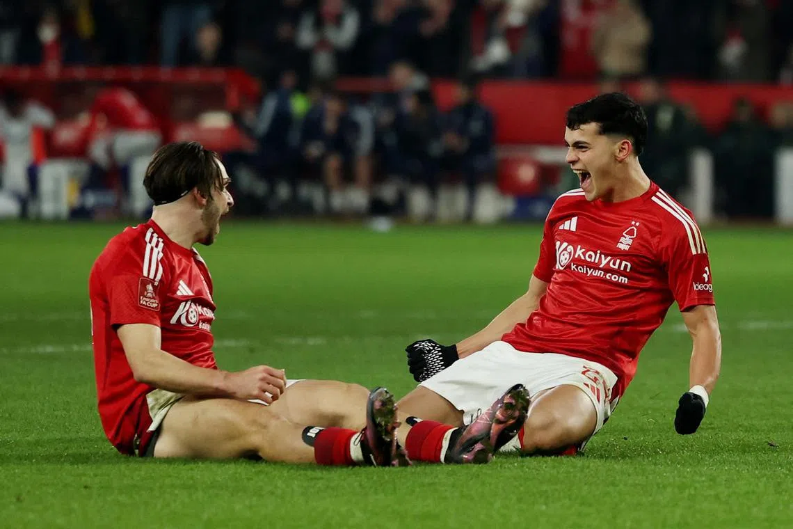 Nottingham Forest's Ramon Sosa (right) celebrates scoring their second goal in a 2-0 FA Cup third-round win over Luton Town on Jan 11 with Jota Silva. Forest next welcome English Premier League leaders Liverpool to the City Ground on Jan 14.