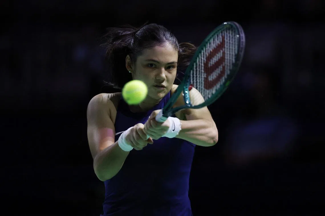 FILE PHOTO: Britain's Emma Raducanu in action during her match against Slovakia's Viktoria Hruncakova in Malaga, Spain, November 19, 2024. REUTERS/Juan Medina/File Photo