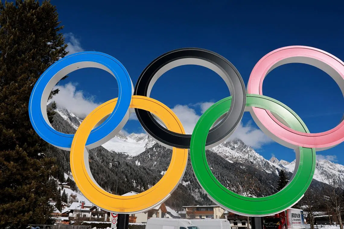 The Olympic Rings stand near Anterselva di Sopra (Antholz Obertal), which will host the biathlon competition at the Sudtirol Arena Alto Adige, as part of the Milano Cortina Winter Olympic Games 2026, in Anterselva Di Mezzo, Italy, January 31, 2026.    REUTERS/Fabrizio Bensch