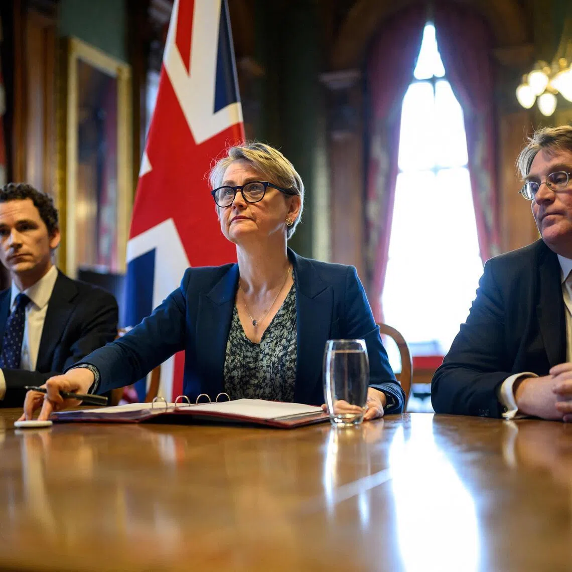 British Foreign Secretary Yvette Cooper speaking during a virtual summit at the Foreign and Commonwealth Office in London, England, on April 2.