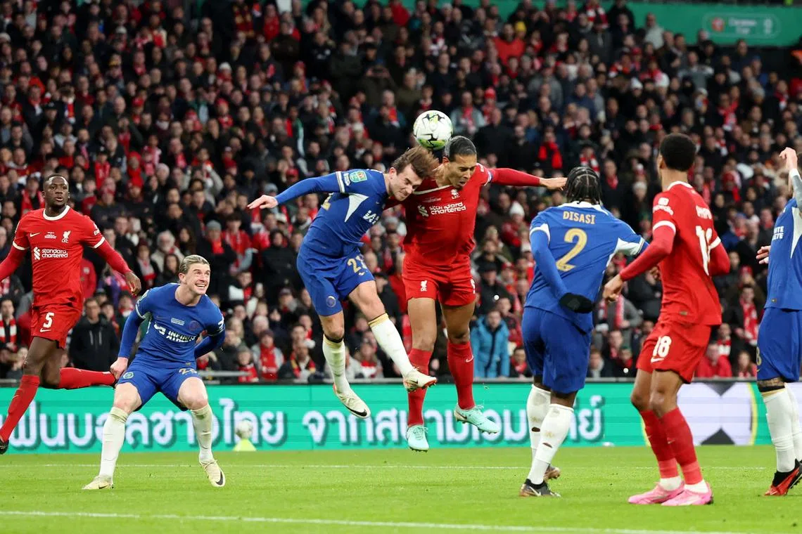 Soccer Football - Carabao Cup - Final - Chelsea v Liverpool - Wembley Stadium, London, Britain - February 25, 2024 Liverpool's Virgil van Dijk scores their first goal REUTERS/Hannah Mckay