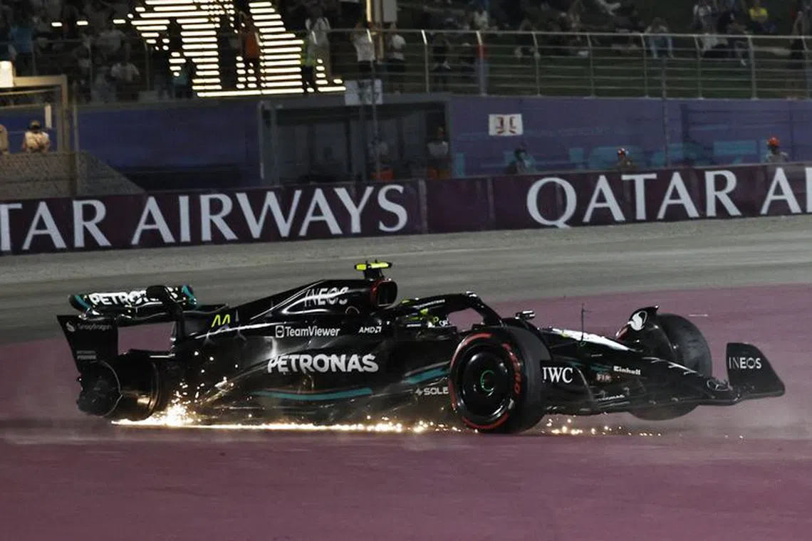 Formula One F1 - Qatar Grand Prix - Lusail International Circuit, Lusail, Qatar - October 8, 2023 Mercedes' Lewis Hamilton in action as he crashes out of the race REUTERS/Hamad I Mohammed