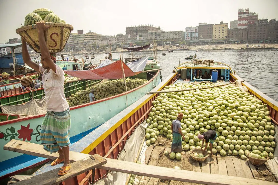 Laborers unloading watermelons from a boat at the Buriganga River in Dhaka, Bangladesh, April 3, 2024. 