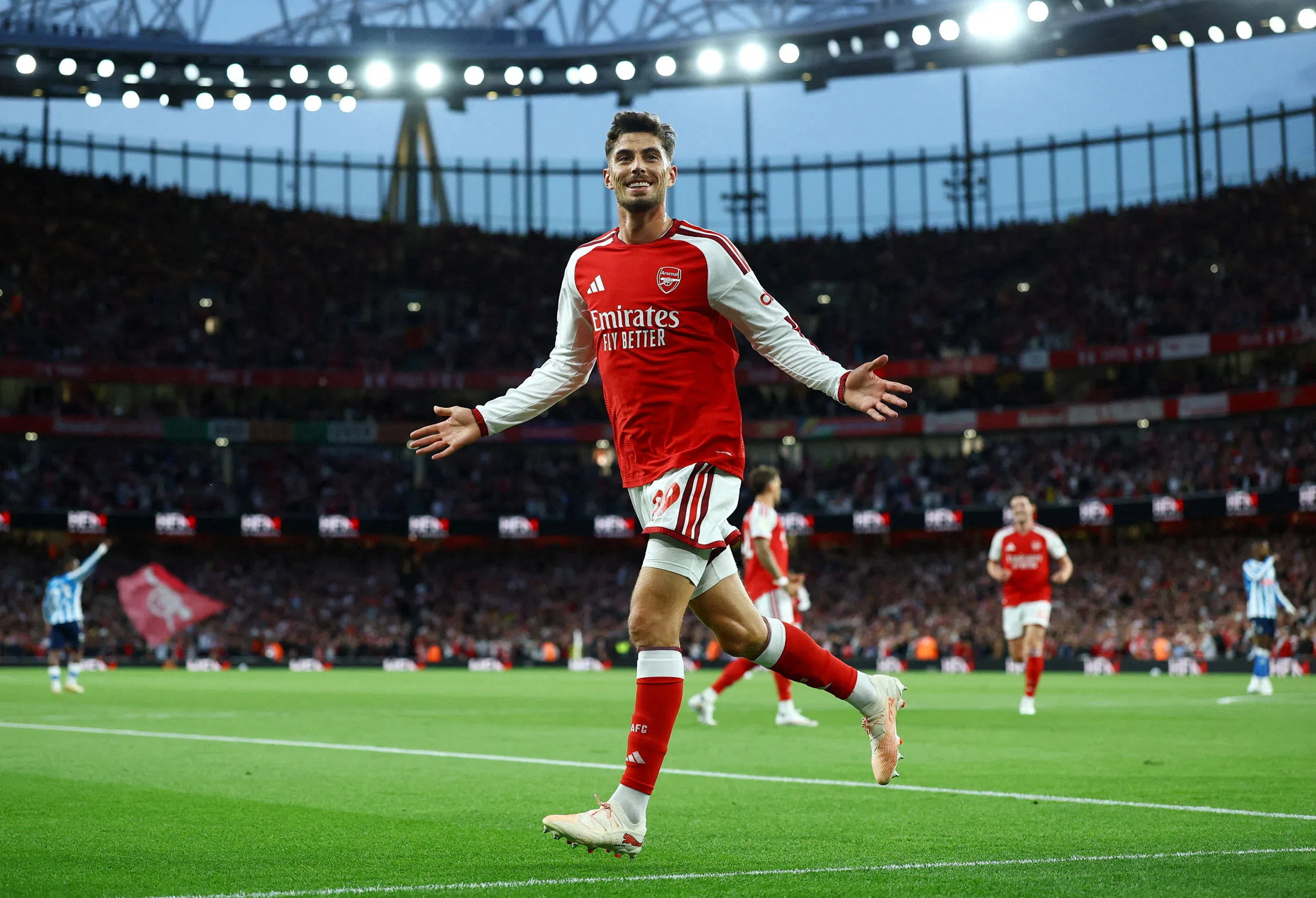 Soccer Football - Premier League - Arsenal v Coventry City - Emirates Stadium, London, Britain - August 21, 2026 Arsenal's Kai Havertz celebrates scoring their first goal REUTERS/Hannah Mckay
