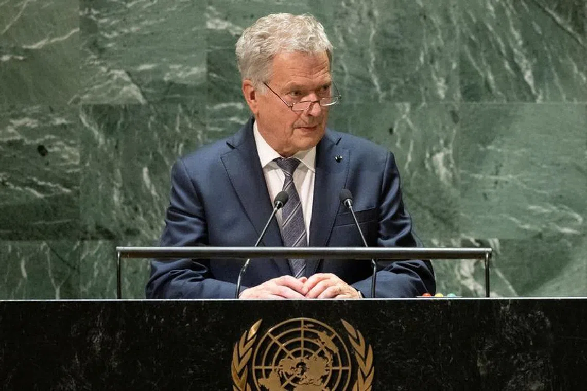 FILE PHOTO: Finland's President Sauli Niinisto addresses the 78th United Nations General Assembly at U.N. headquarters in New York, U.S., September 20, 2023. REUTERS/Caitlin Ochs/File Photo