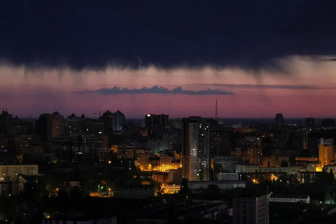 A view showing the Ukrainian capital at dawn during an air raid alert, amid Russia's attack on Ukraine, in Kyiv, Ukraine May 14.