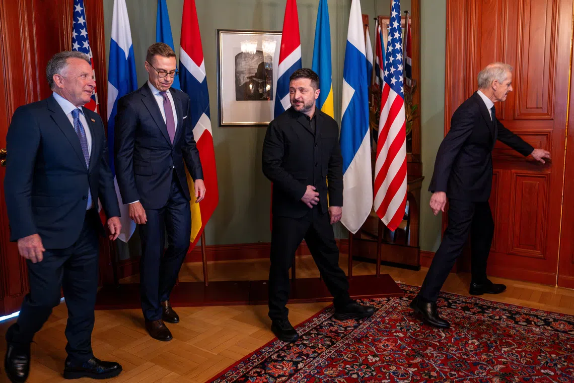 Ukrainian President Volodymyr Zelensky (second from right) meeting (from left) US Special Envoy Steve Witkoff, Finnish President Alexander Stubb and Norwegian Prime Minister Jonas Gahr Store in Oslo, Norway, on Oct 20.