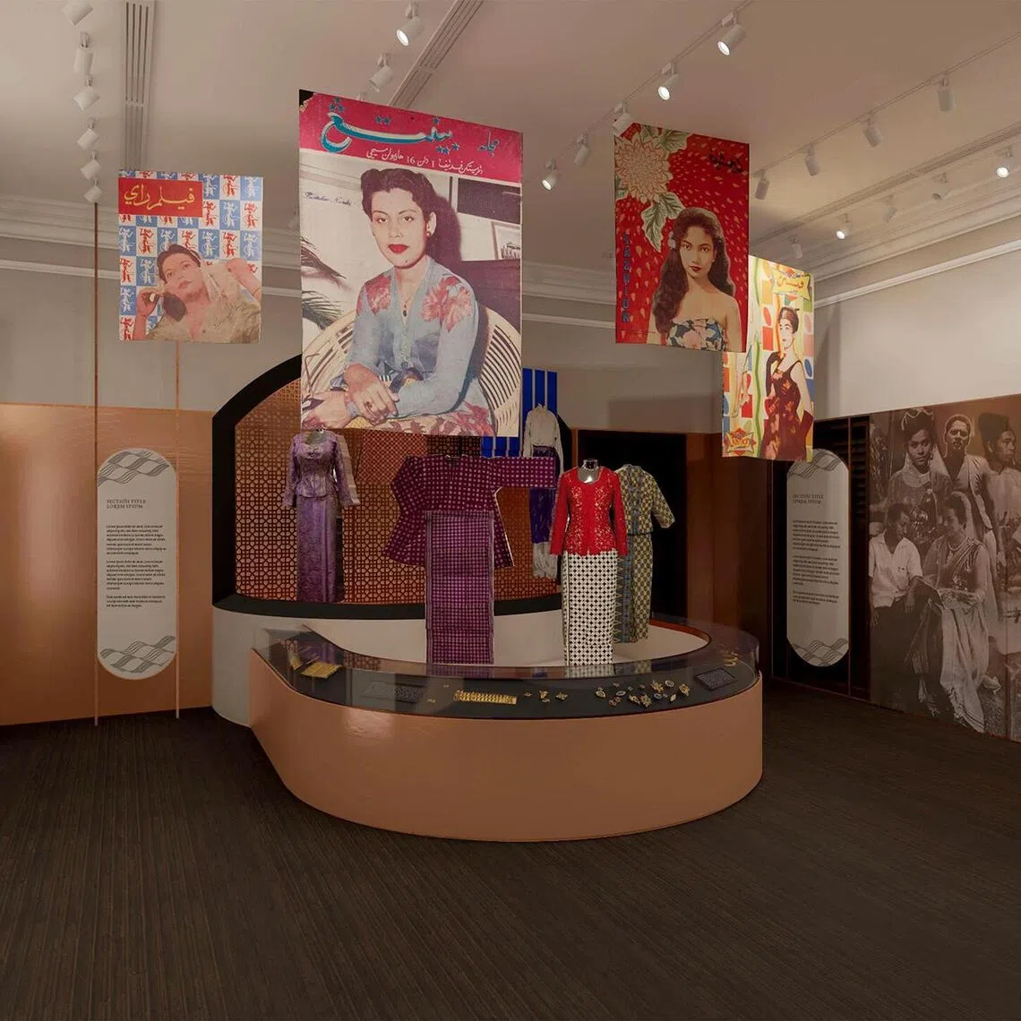 An artist’s Impression of a gallery in the revamped Malay Heritage Centre, featuring artistes from Singapore’s golden age of Malay entertainment.