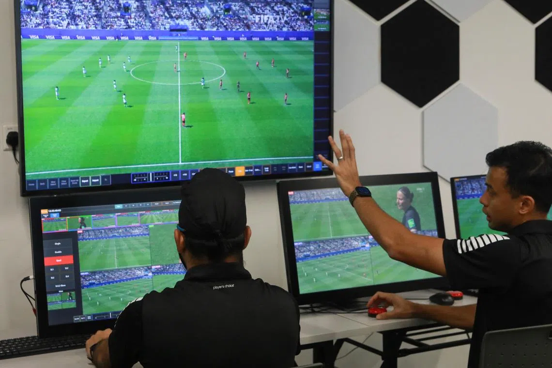 VAR-trained referees demonstrating how VAR will be used in a simulation for the media on Feb 13, 2023.

(ST PHOTO: RYAN CHIONG)