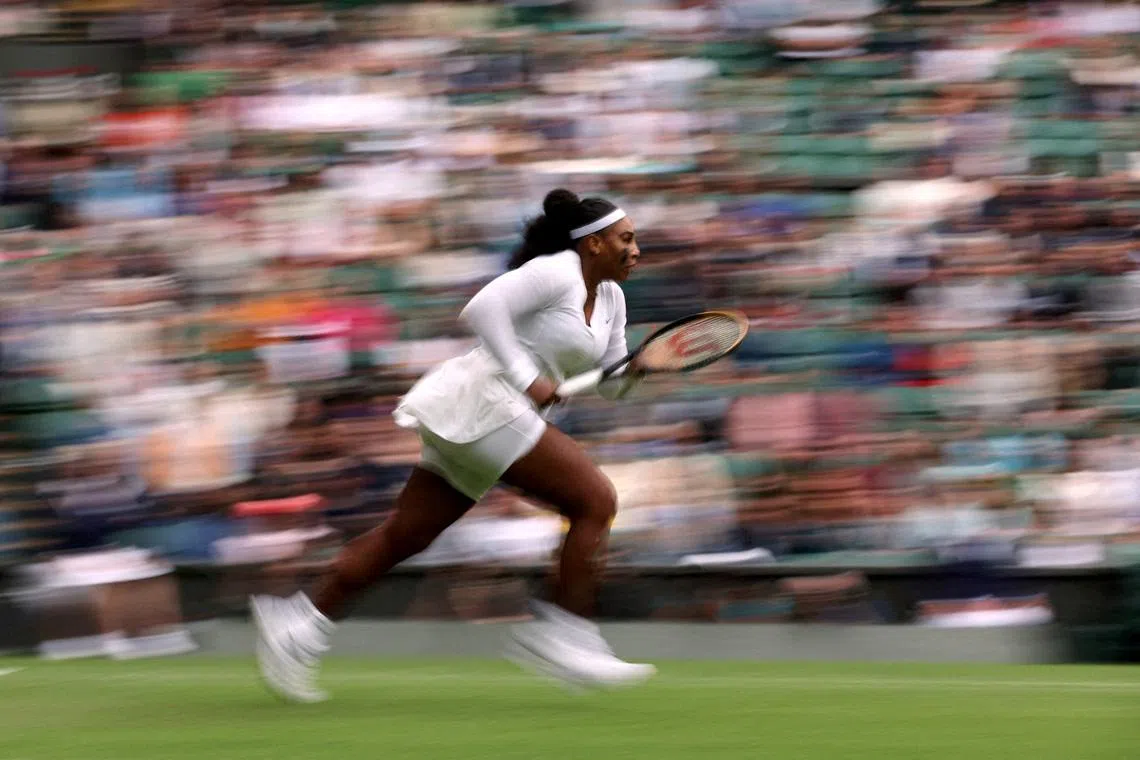 FILE PHOTO: Tennis - Wimbledon - All England Lawn Tennis and Croquet Club, London, Britain - June 28, 2022 Serena Williams of the U.S. in action during her first round match against France's Harmony Tan REUTERS/Matthew Childs/File Photo