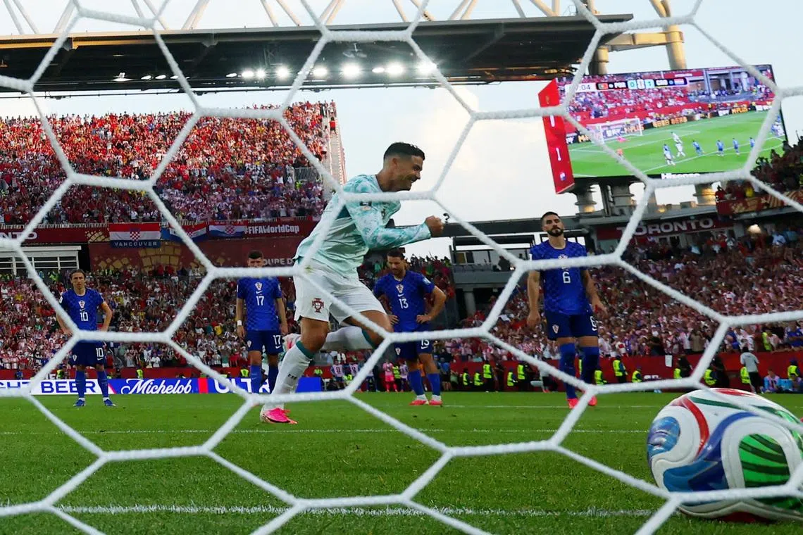 Soccer Football - FIFA World Cup 2026 - Round of 32 - Portugal v Croatia - Toronto Stadium, Toronto, Canada - July 2, 2026 Portugal's Cristiano Ronaldo celebrates scoring their first goal REUTERS/Mike Segar