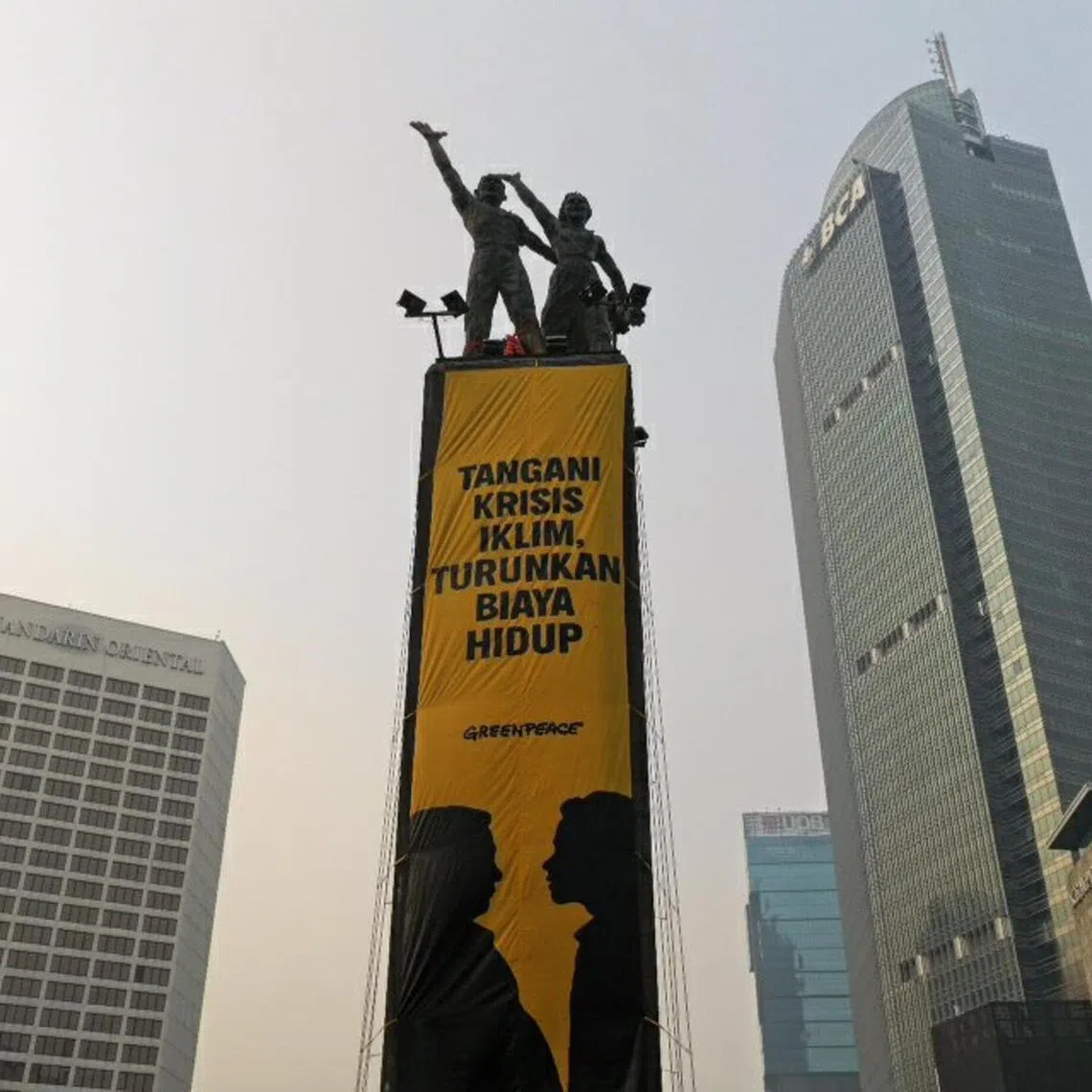 The banners on Jakarta’s iconic Bundaran HI criticise, among other things, Indonesia’s response to the forest fire crisis.