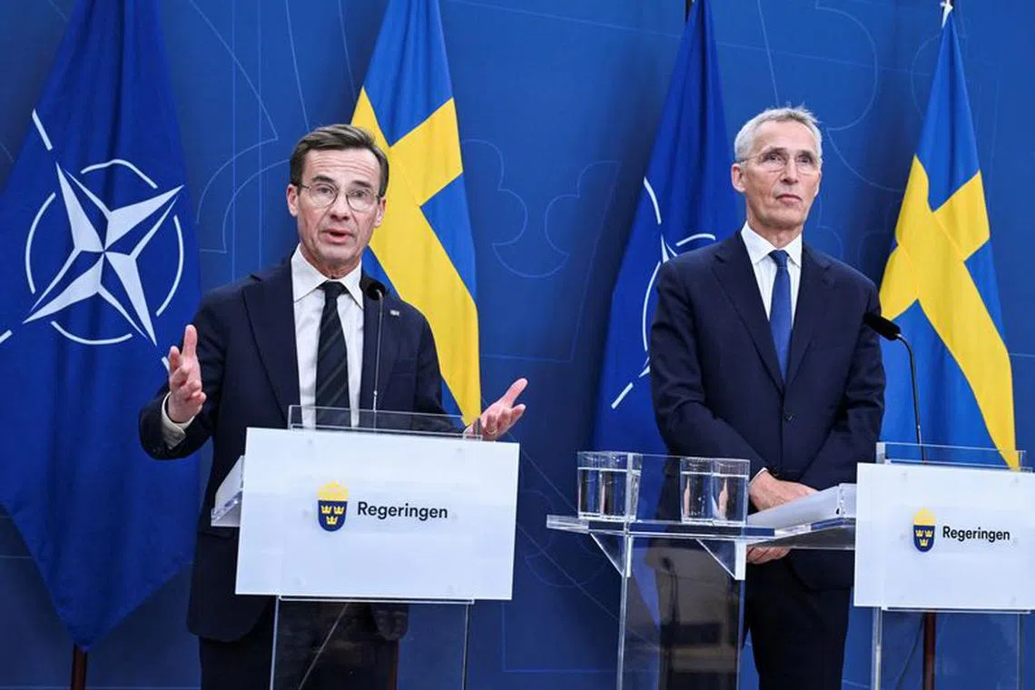 Swedish Prime Minister Ulf Kristersson and NATO Secretary General Jens Stoltenberg hold a press conference at the Swedish Government headquarters Rosenbad in Stockholm, October 24, 2023. TT News Agency/Jonas Ekstromer via REUTERS/File Photo