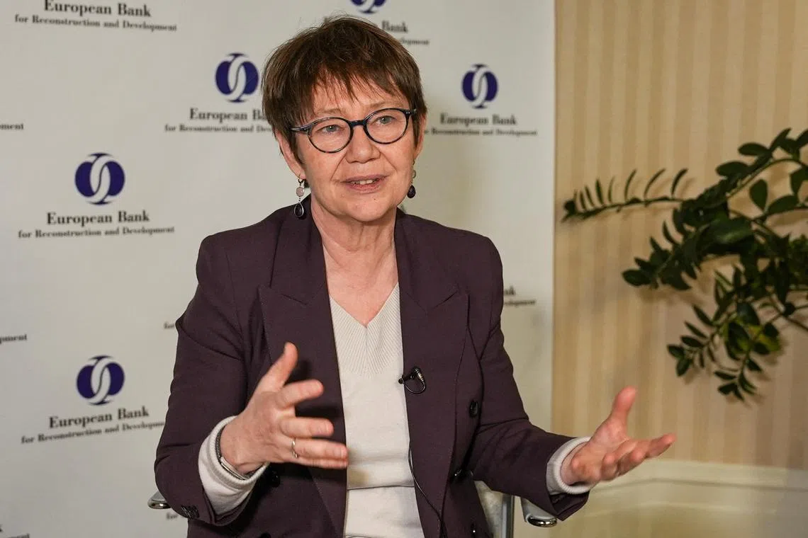 President of the European Bank for Reconstruction and Development (EBRD) Odile Renaud-Basso speaks during an interview with Reuters, amid Russia's attack on Ukraine, in Kyiv, Ukraine February 6, 2025. REUTERS/Anna Voitenko