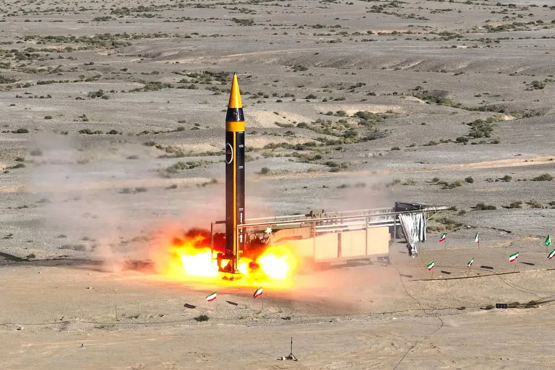 A new surface-to-surface 4th generation Khorramshahr ballistic missile called Khaibar with a range of 2,000 km is launched at an undisclosed location in Iran, in this picture obtained on May 25, 2023. Iran's Ministry of Defence/WANA (West Asia News Agency)/Handout via REUTERS