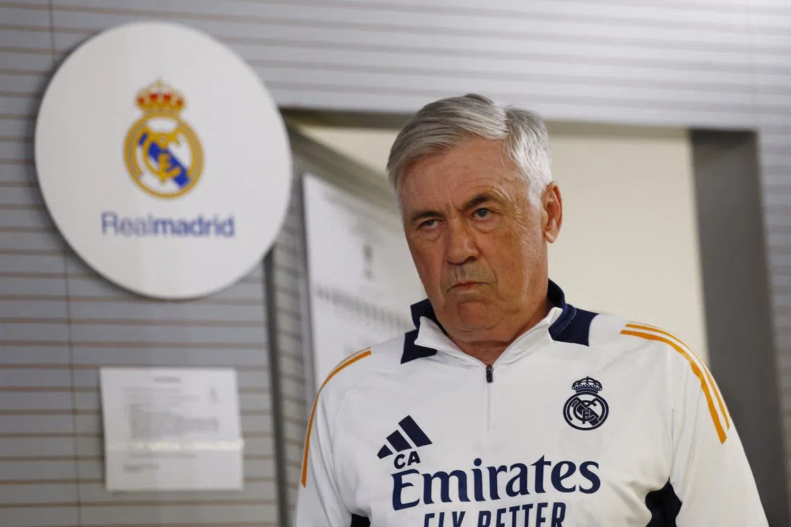 Soccer Football - Real Madrid coach Carlo Ancelotti Press Conference - Ciudad Real Madrid, Valdebebas, Madrid, Spain - May 13, 2025 Real Madrid coach Carlo Ancelotti during a press conference REUTERS/Susana Vera