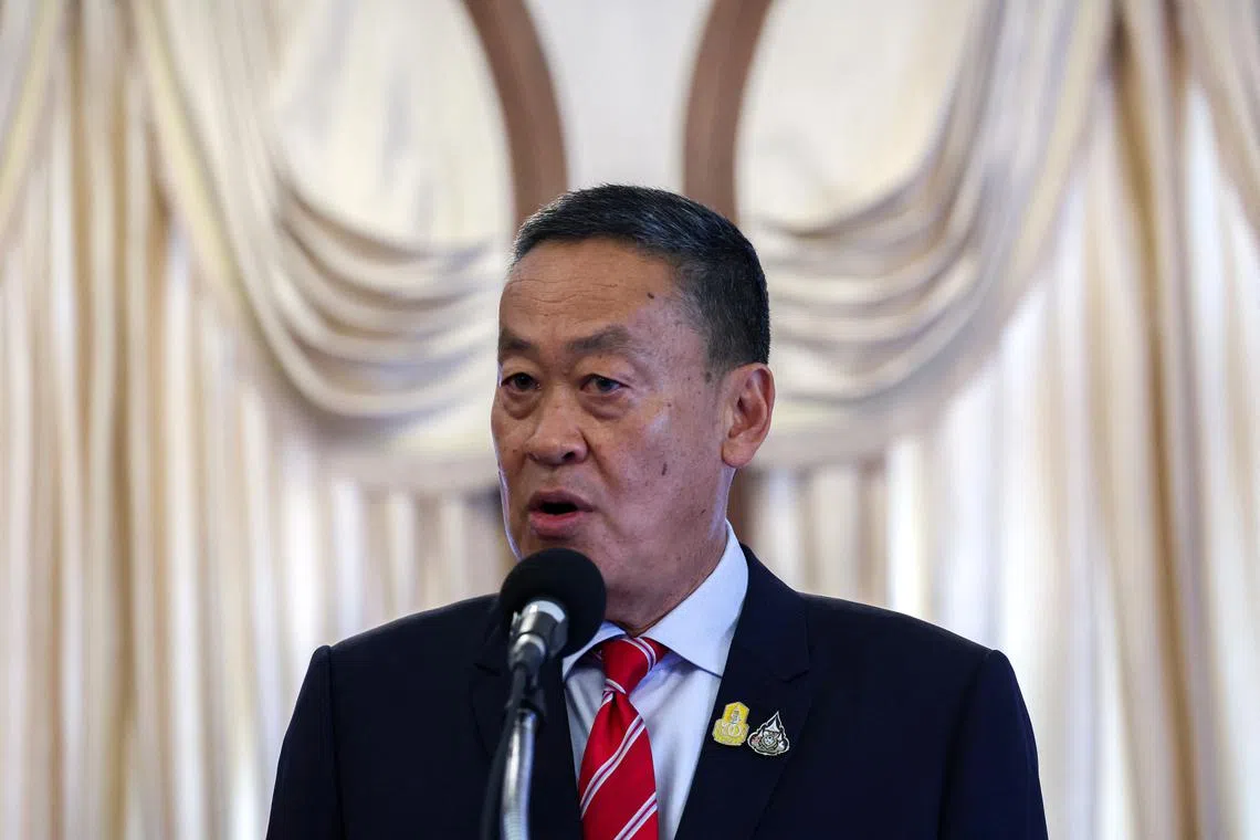 Thailand's Prime Minister Srettha Thavisin speaks to members of media about Thai Foreign Minister Parnpree Bahiddha-Nukara's resignation at the Government House in Bangkok, Thailand, April 29, 2024. REUTERS/Athit Perawongmetha/ File Photo