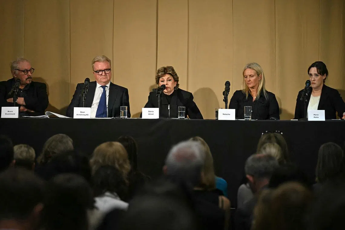 The legal team featured in "Al-Fayed: Predator at Harrods", (L-R) Bruce Drummond, Dean Armstrong, Gloria Allred and Maria Mulla together with alleged victim, Natacha (2R) hold a press conference in London on September 20, 2024, to discuss their involvement in the investigation and the legal claim against Harrods for failing to provide a safe system of work for their employees. Multiple women have  accused Egyptian billionaire Mohamed Al-Fayed, the former owner of upmarket London department store Harrods where they worked, of rape and sexual assault, the BBC said on Thursday. The allegations, made in a BBC documentary and podcast, are the latest to be levelled at powerful figures following the start of the #MeToo movement in 2017. (Photo by Ben STANSALL / AFP)