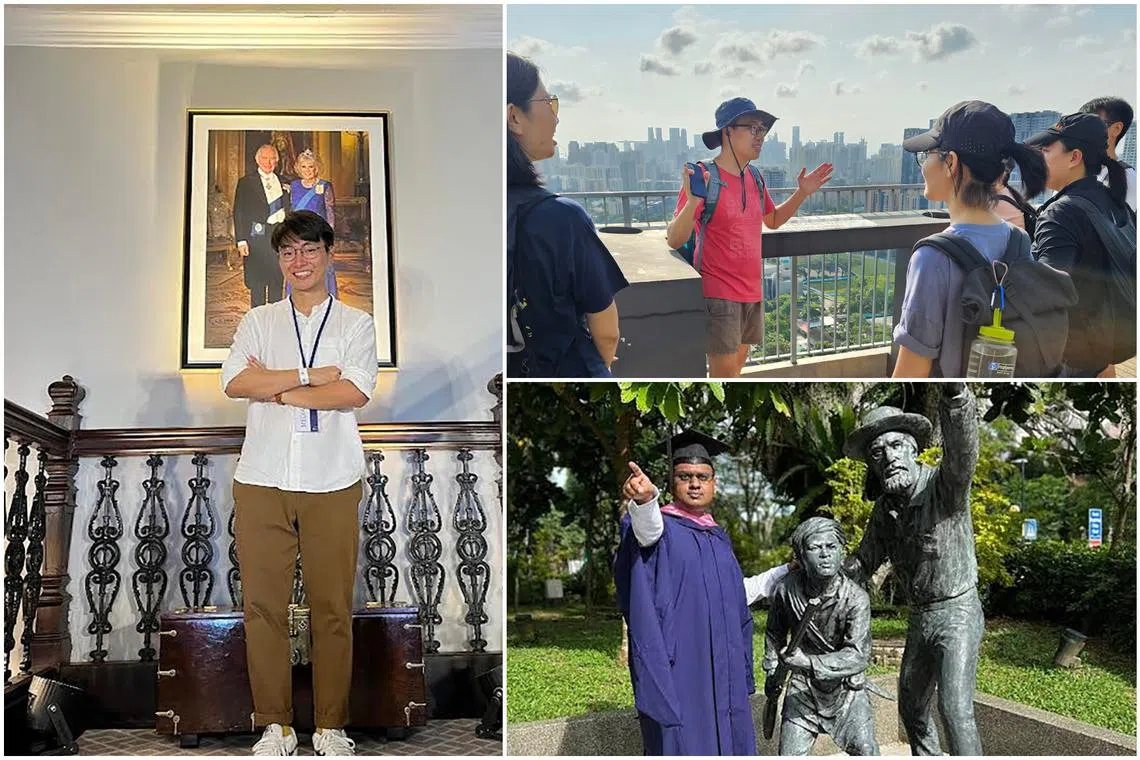 (Clockwise from left) Mr Lee Wee Liang, Mr Ho Yong Min (in red) and Mr Dhevarajan Devadas have been using TikTok to share aspects of Singapore's history.