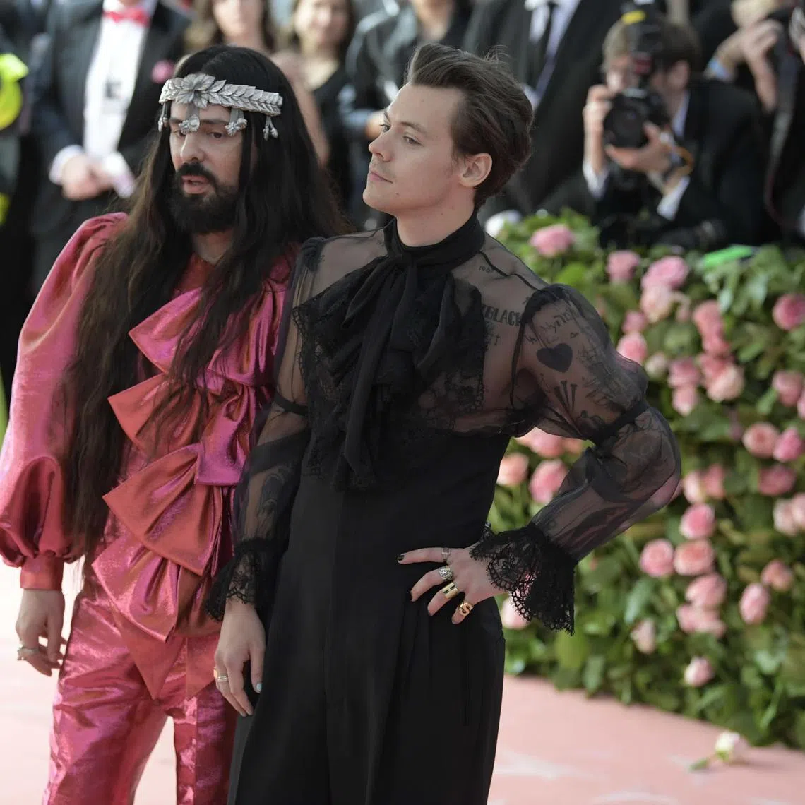 Alessandro Michele (left) who became creative director at Gucci in 2015, with pop star Harry Styles at the Met Gala in New York City in May 2019.