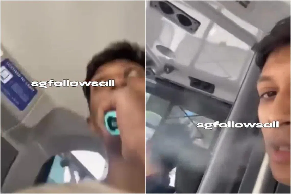 In the video, the man is seen holding what appears to be a vape up to his mouth and blowing smoke behind the bus captain.