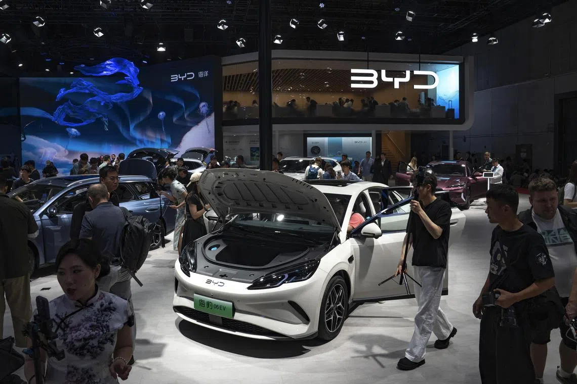 FILE — The BYD exhibit at Auto Shanghai 2025, in Shanghai, China, April 23, 2025. BYD is now the world’s largest producer of electric vehicles. (Andrea Verdelli/The New York Times)