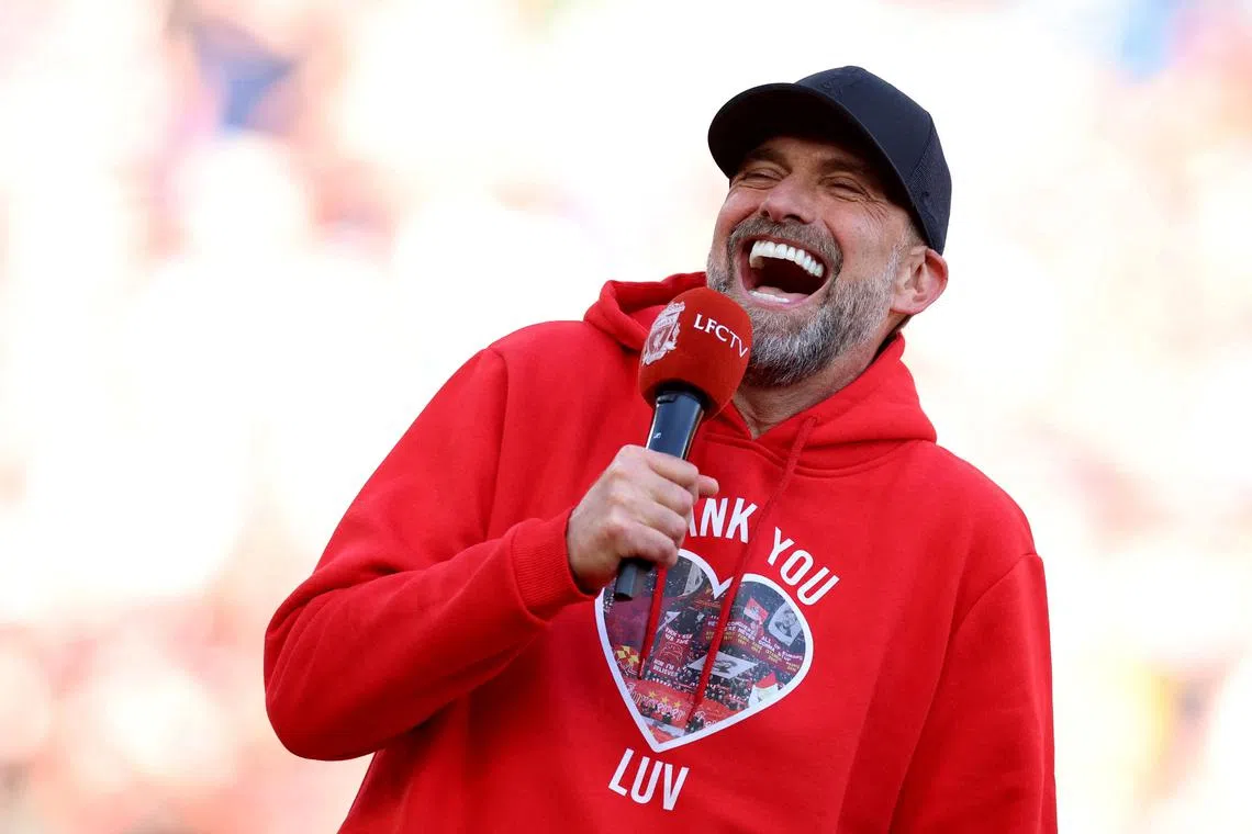 FILE PHOTO: Soccer Football - Premier League - Liverpool v Wolverhampton Wanderers - Anfield, Liverpool, Britain - May 19, 2024 Liverpool manager Juergen Klopp reacts as he gives a speech after his last match as Liverpool manager REUTERS/Phil Noble/File Photo