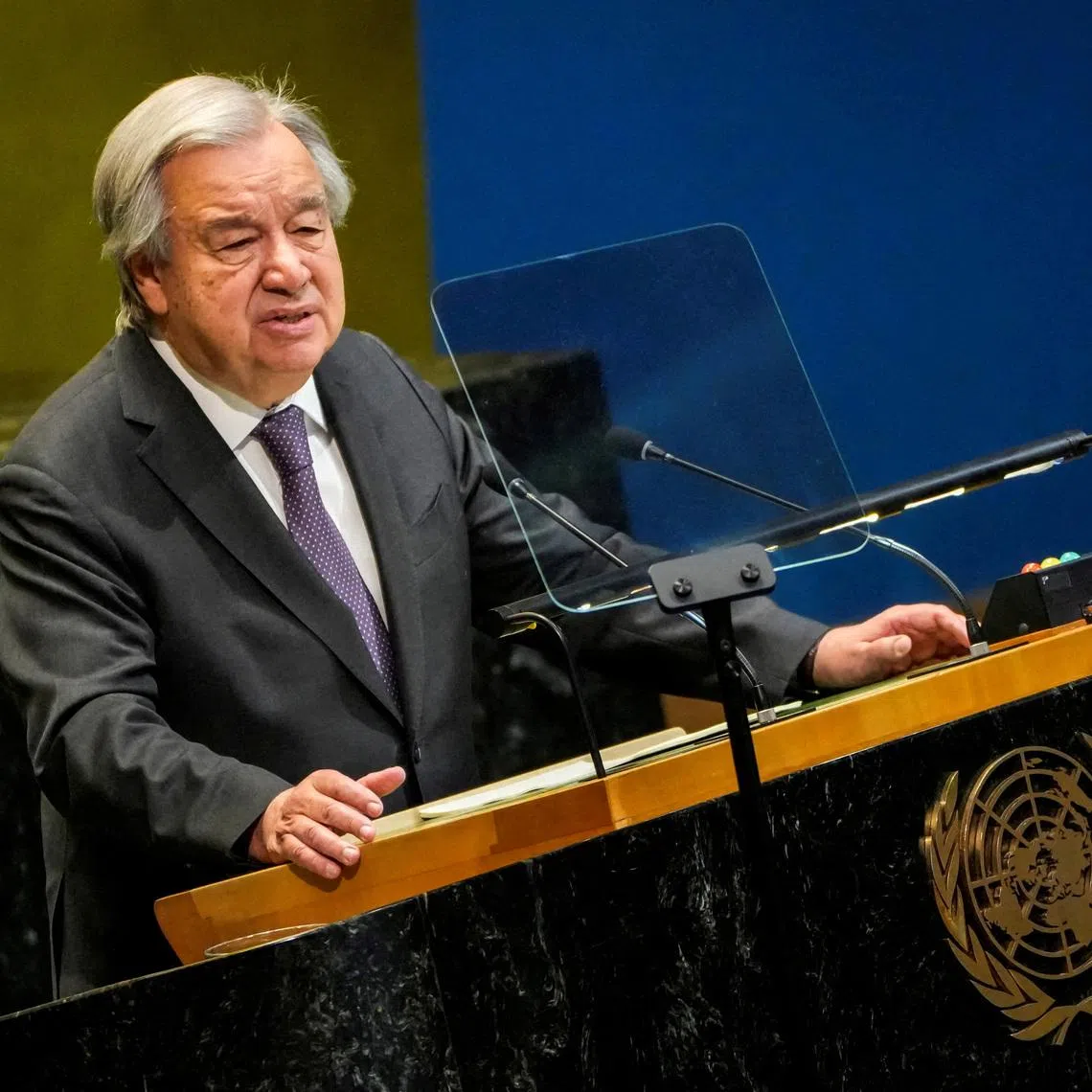 FILE PHOTO: United Nations Secretary-General Antonio Guterres speaks to delegates during a meeting on Nuclear Non-Proliferation Treaty at U.N. headquarters in New York City, U.S., April 27, 2026. REUTERS/Eduardo Munoz/File Photo